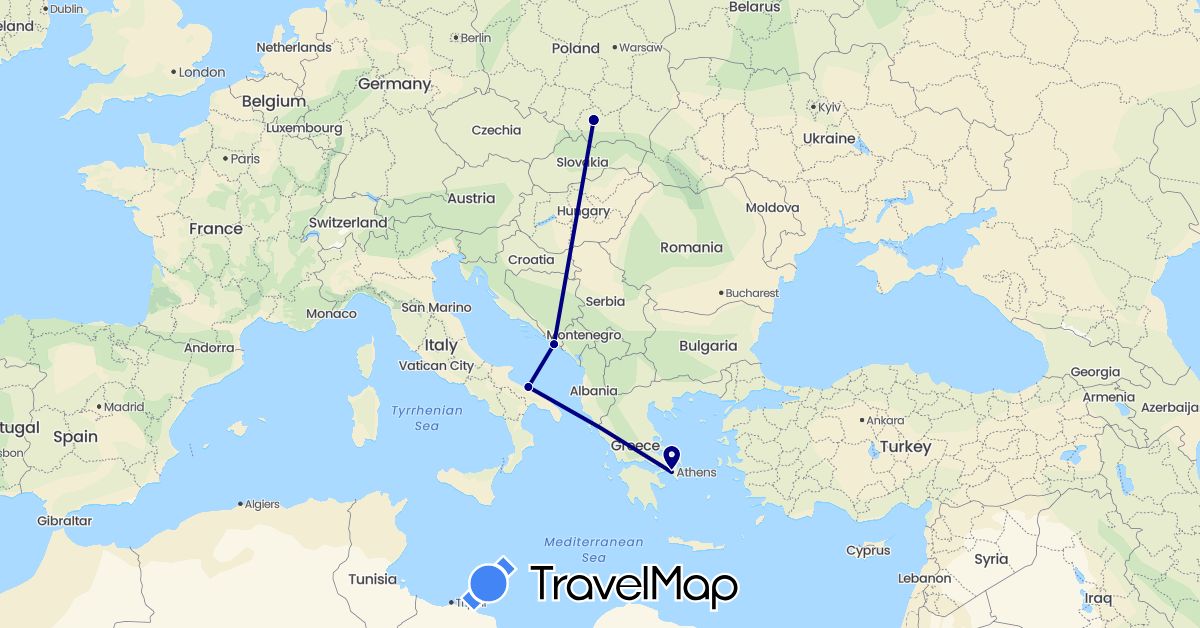 TravelMap itinerary: driving in Greece, Croatia, Italy, Poland (Europe)